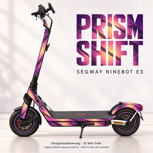 Prism Shift auf Ninebot E3 – Violett, Rosé und Amber mit dunklen Facetten. Originale Trittmatte bleibt; Felgenaufkleber separat, nicht im Skin enthalten.