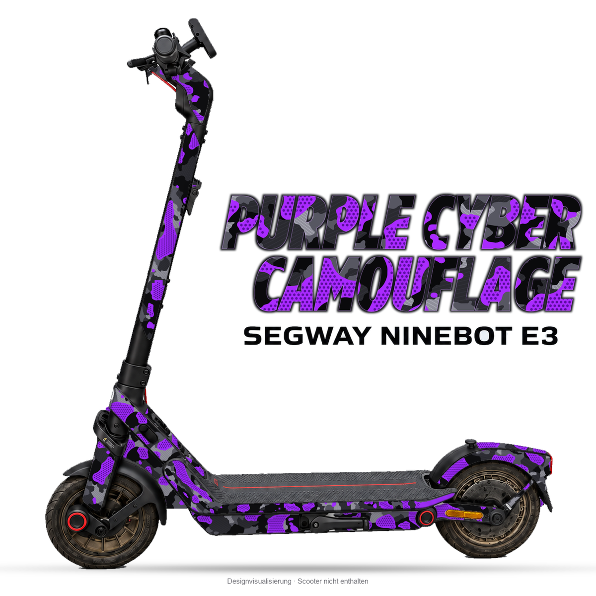PURPLE CYBER CAMOUFLAGE – Designvisualisierung am Segway Ninebot E3. Scooter nicht enthalten.