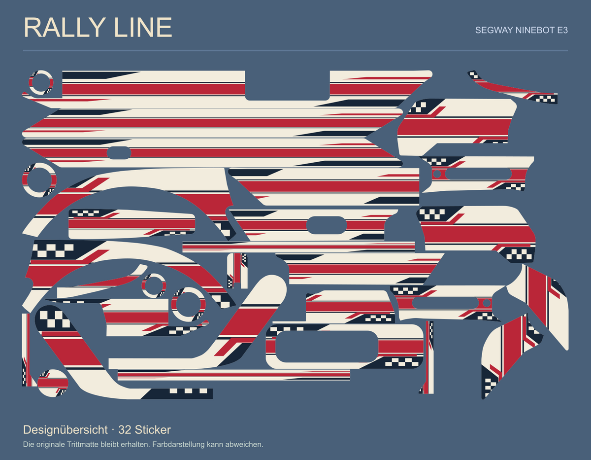RALLY LINE für Segway Ninebot E3: Übersicht aller 32 Sticker in Cremeweiß, Marineblau und Rot mit Rennstreifen und Schachbrett-Akzenten.