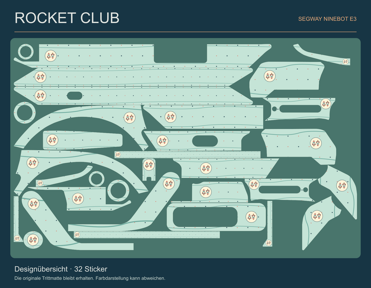 ROCKET CLUB Designübersicht für Ninebot E3: alle 32 Sticker mit mintfarbenen Sternfeldern und vollständigen Raketenpaar-Abzeichen.