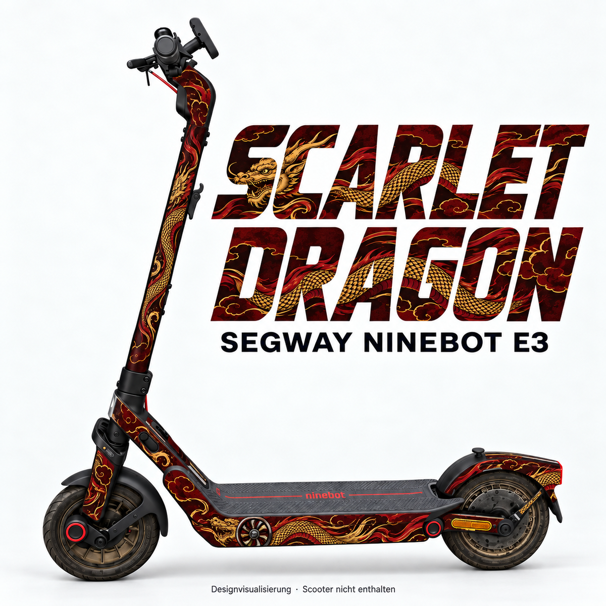 SEGWAY NINEBOT E3 SKIN | SCARLET DRAGON – Designvisualisierung am passenden Scooter. Scooter nicht enthalten.