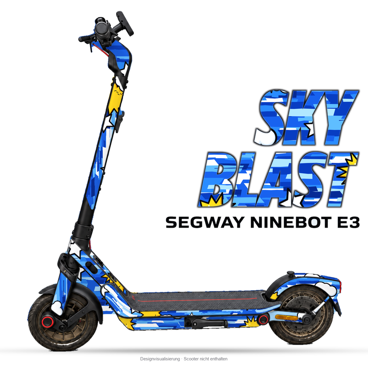SKY BLAST – Designvisualisierung am Segway Ninebot E3. Scooter nicht enthalten.