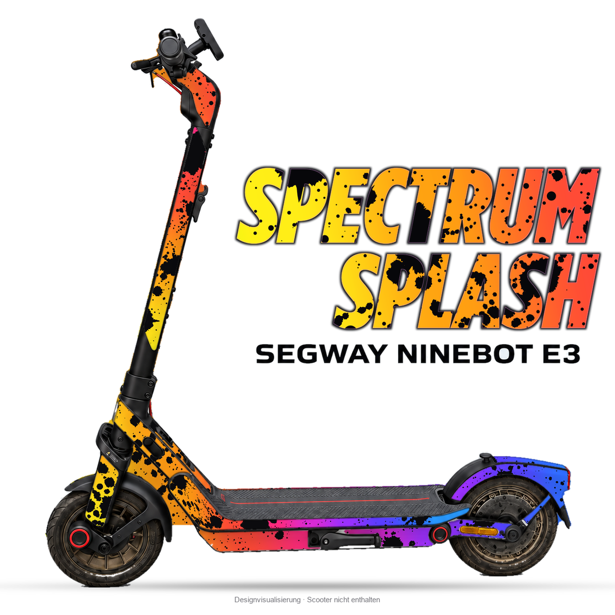 SPECTRUM SPLASH – Designvisualisierung am Segway Ninebot E3. Scooter nicht enthalten.