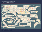 TERRAZZO POP – Designübersicht der 32 E3-Sticker mit unregelmäßigen farbigen Steinsplittern auf Elfenbein