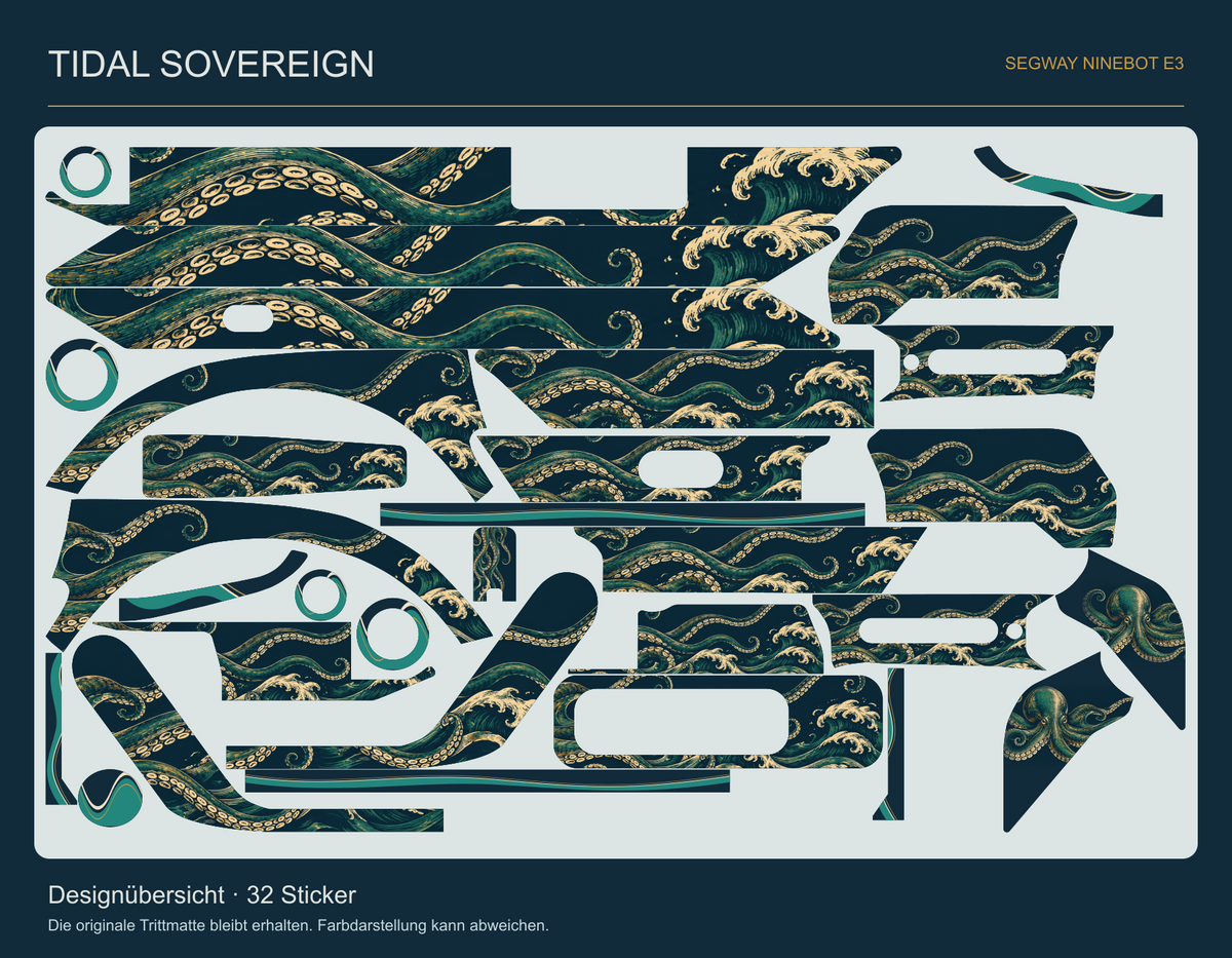 Tidal Sovereign E3: vollständige Übersicht der tatsächlichen 32 Skin-Teile mit elf Aussparungen. Originale Trittmatte bleibt erhalten.