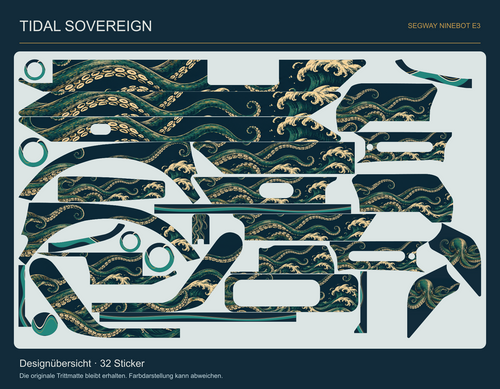 Tidal Sovereign E3: vollständige Übersicht der tatsächlichen 32 Skin-Teile mit elf Aussparungen. Originale Trittmatte bleibt erhalten.