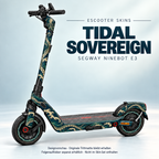 Tidal Sovereign auf dem vollständigen Segway Ninebot E3: Oktopus und gravierte Tentakel in Smaragd, Elfenbein und Ocker. Originale Trittmatte erhalten; Felgen separat.
