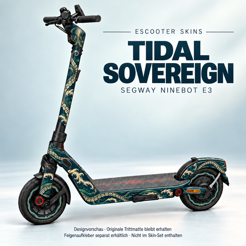 Tidal Sovereign auf dem vollständigen Segway Ninebot E3: Oktopus und gravierte Tentakel in Smaragd, Elfenbein und Ocker. Originale Trittmatte erhalten; Felgen separat.