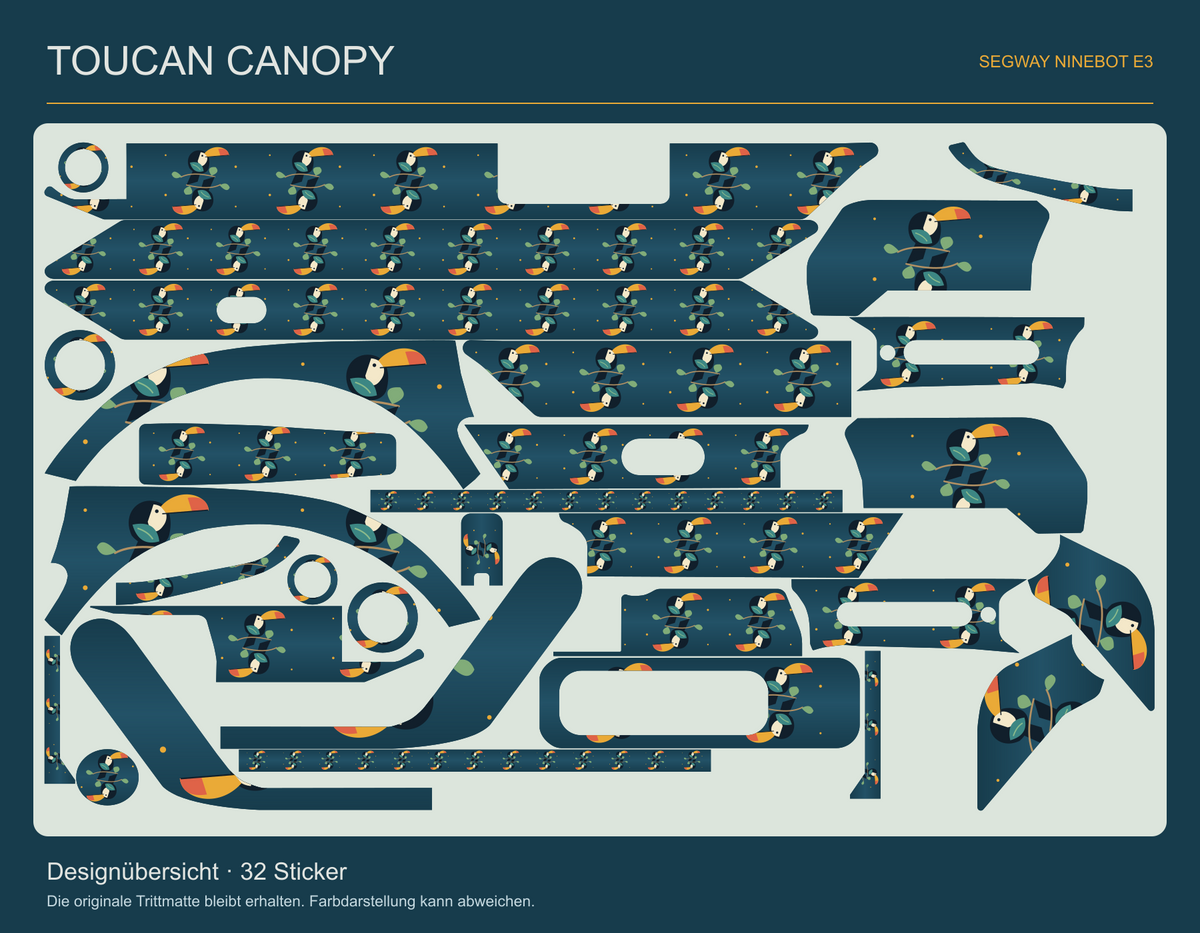 Toucan Canopy – tatsächliche Gestaltung der32Originalteile für Ninebot E3, Aussparungen erhalten.