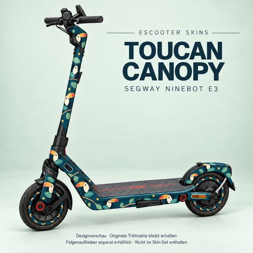Toucan Canopy auf Ninebot E3 – Tukanmotive in Petrol, Ocker und Koralle; Originaltrittmatte bleibt, passende Felgen separat.