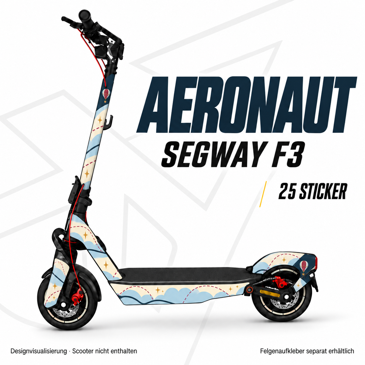 AERONAUT Skin am Segway Ninebot F3 – Designvisualisierung, Felgenaufkleber separat