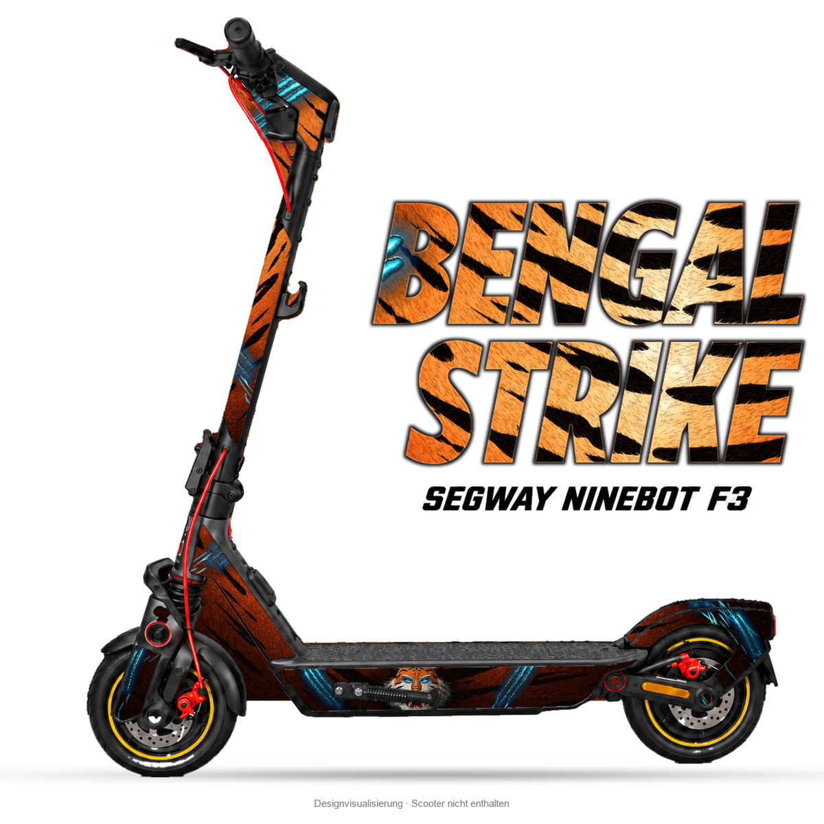 BENGAL STRIKE – Designvisualisierung am Segway Ninebot F3. Scooter nicht enthalten.