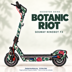 Botanic Riot auf dem vollständigen Ninebot F3 – magentafarbene Pfingstrosen und große Jadeblätter; Felgen separat
