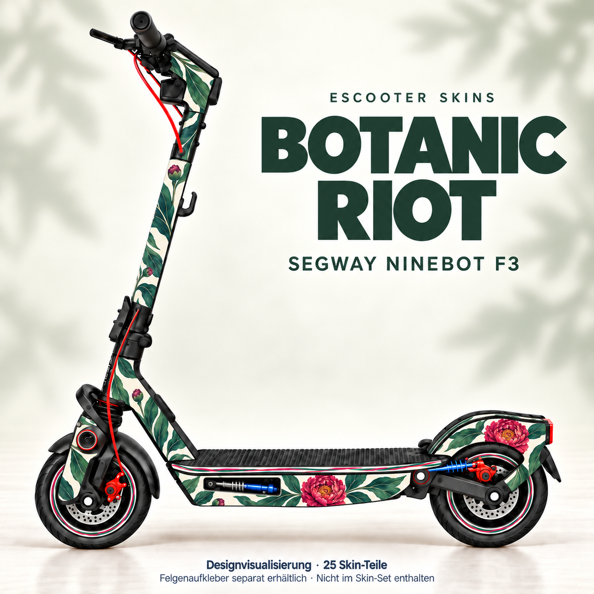 Botanic Riot auf dem vollständigen Ninebot F3 – magentafarbene Pfingstrosen und große Jadeblätter; Felgen separat