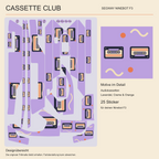 CASSETTE CLUB F3: Übersicht der 25 gestalteten Sticker mit Audiokassetten auf Lavendel und vergrößertem Motivdetail. Die originale Trittmatte bleibt erhalten.