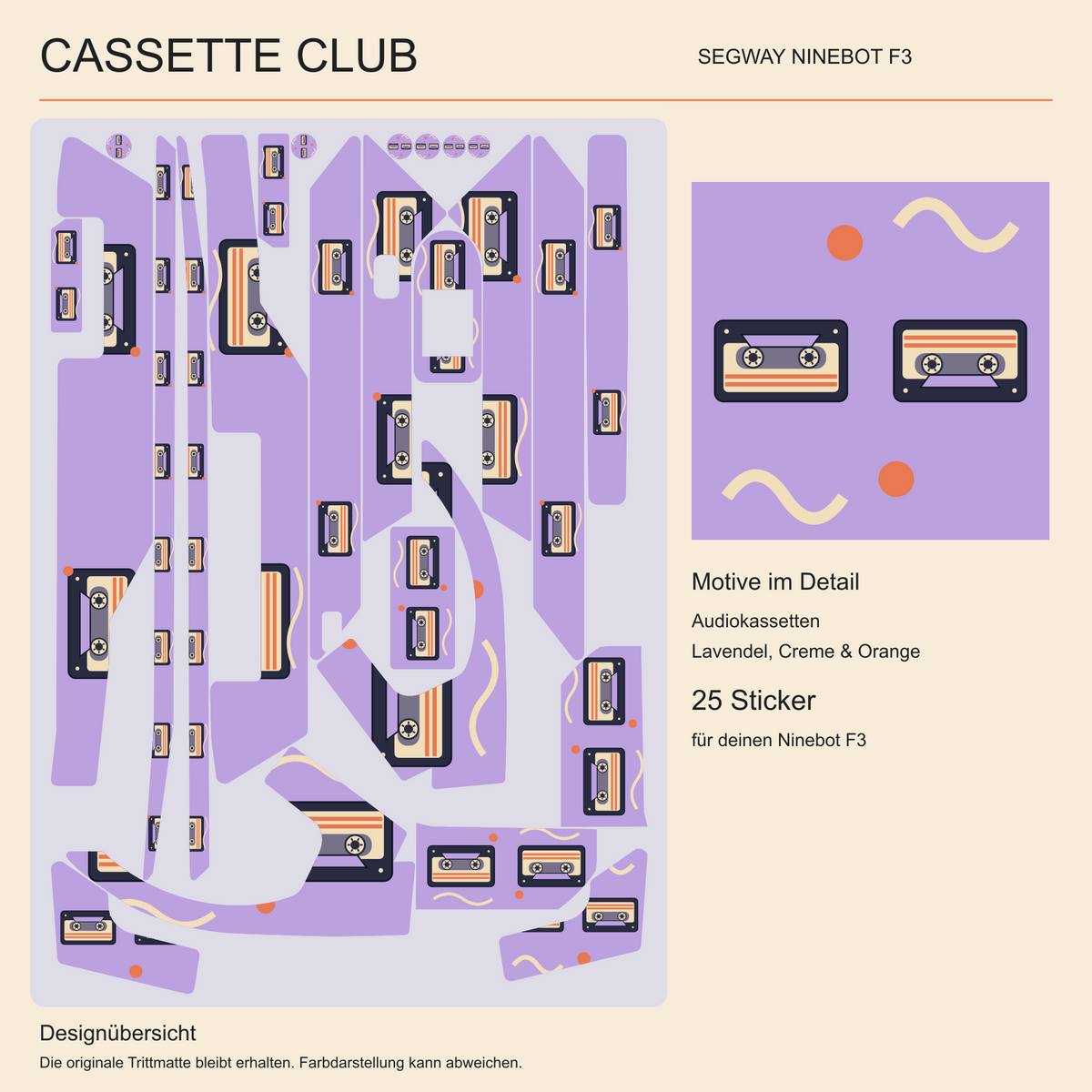 CASSETTE CLUB F3: Übersicht der 25 gestalteten Sticker mit Audiokassetten auf Lavendel und vergrößertem Motivdetail. Die originale Trittmatte bleibt erhalten.