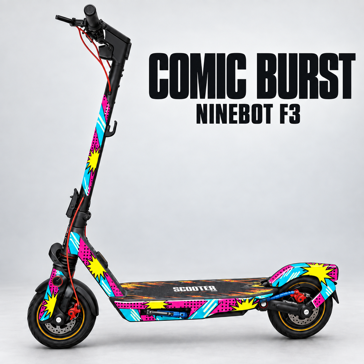 COMIC BURST für Ninebot F3: cyan-magentafarbener Comic-Skin mit gelben Sternexplosionen und schwarzen Rasterpunkten. Originale Flammen-Trittmatte und schwarze Lenkerverstrebung erhalten. Designvisualisierung.