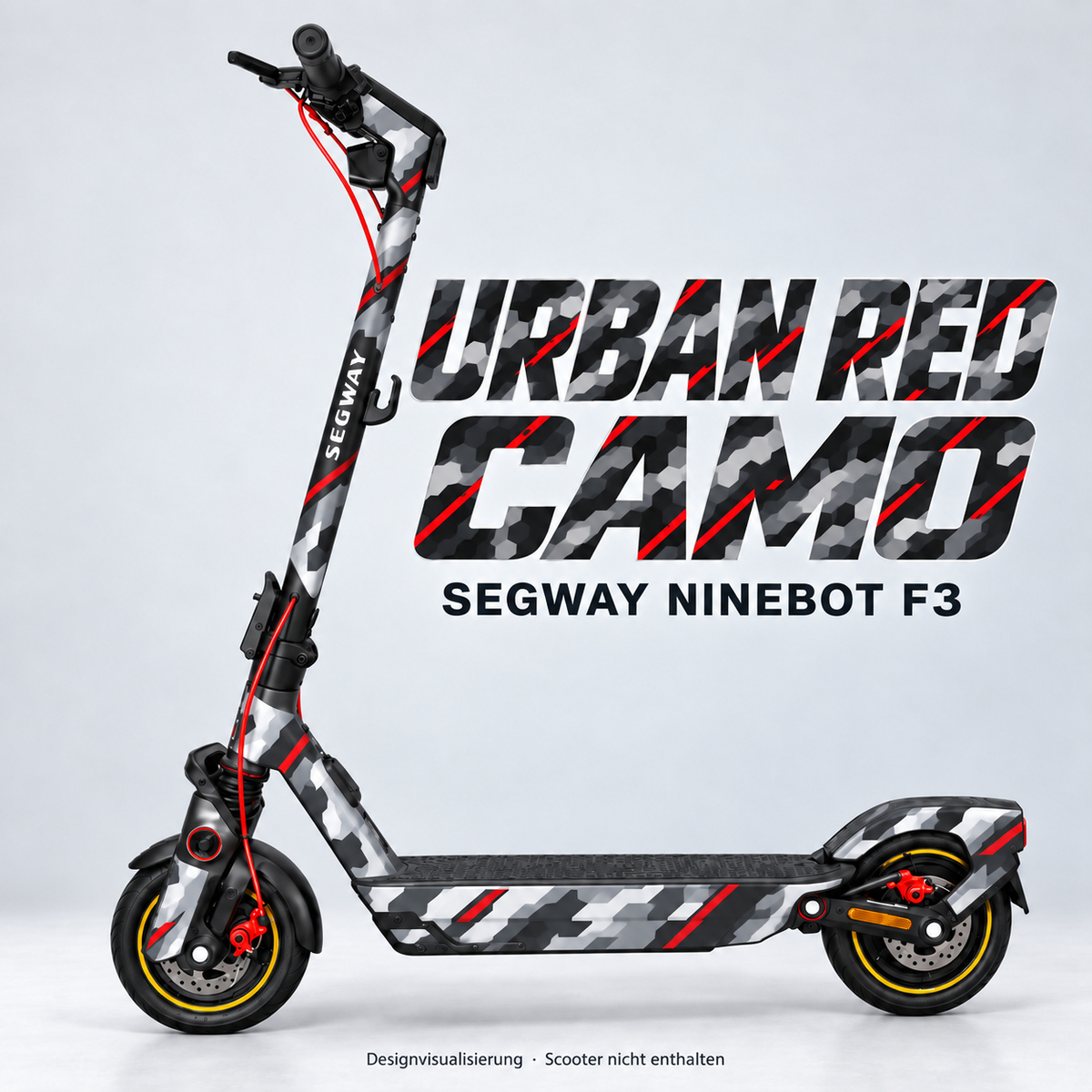 SEGWAY NINEBOT F3 SKIN | URBAN RED CAMO – Designvisualisierung am passenden Scooter. Scooter nicht enthalten.