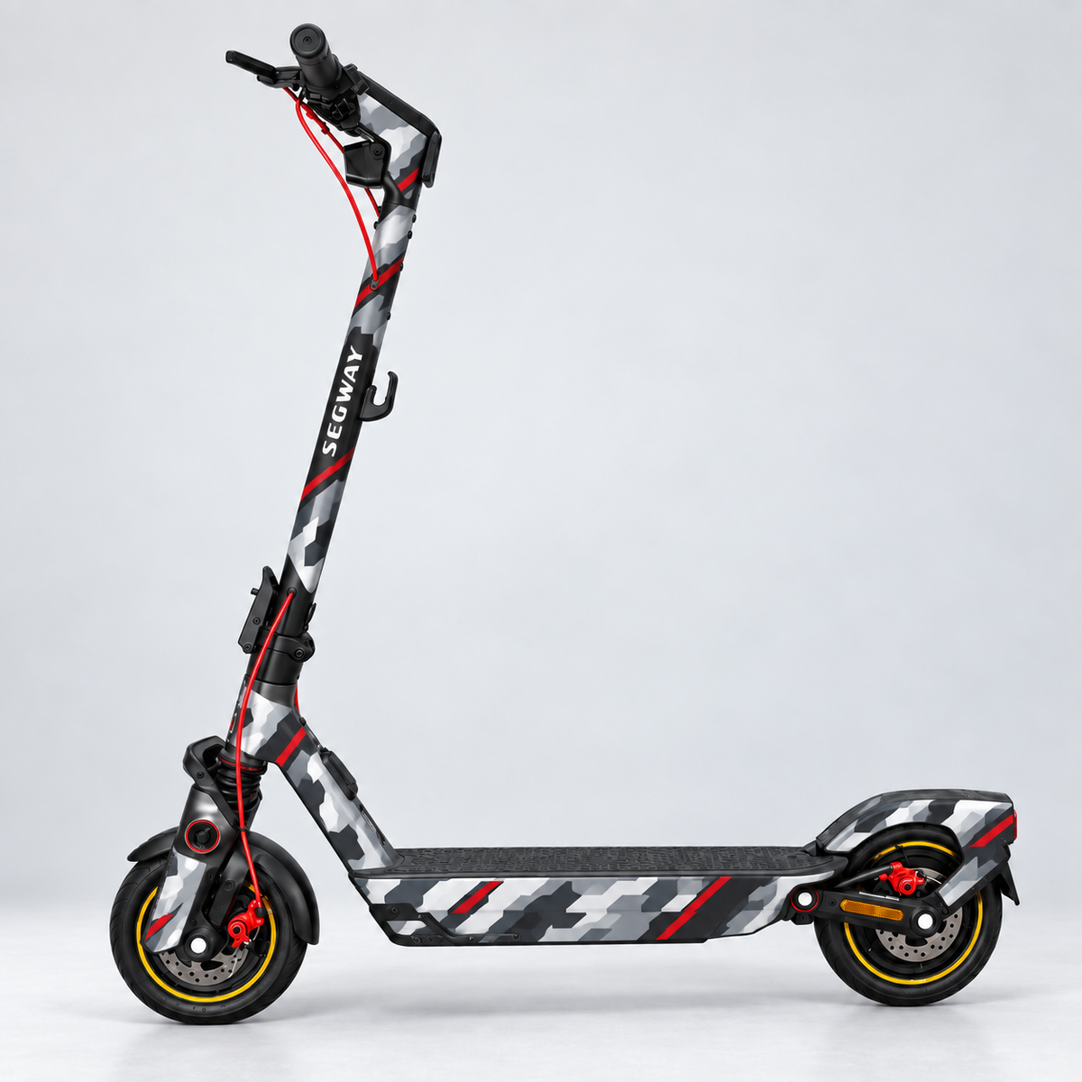 Urban Red Camo – Designvisualisierung des montierten Skins am Segway Ninebot F3. Scooter nicht enthalten.