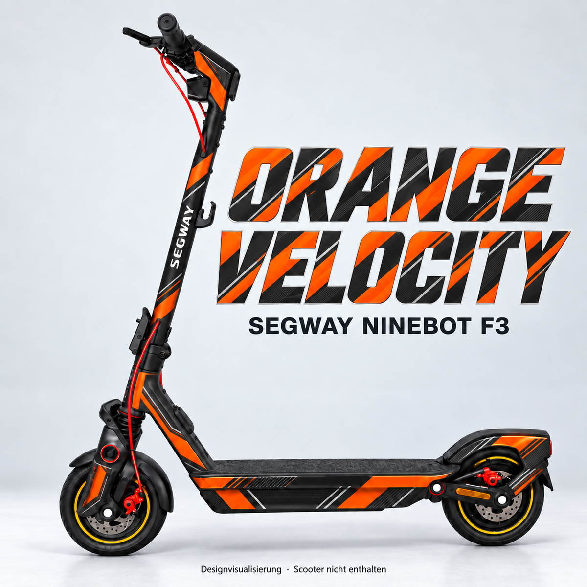 SEGWAY NINEBOT F3 SKIN | ORANGE VELOCITY – Designvisualisierung am passenden Scooter. Scooter nicht enthalten.
