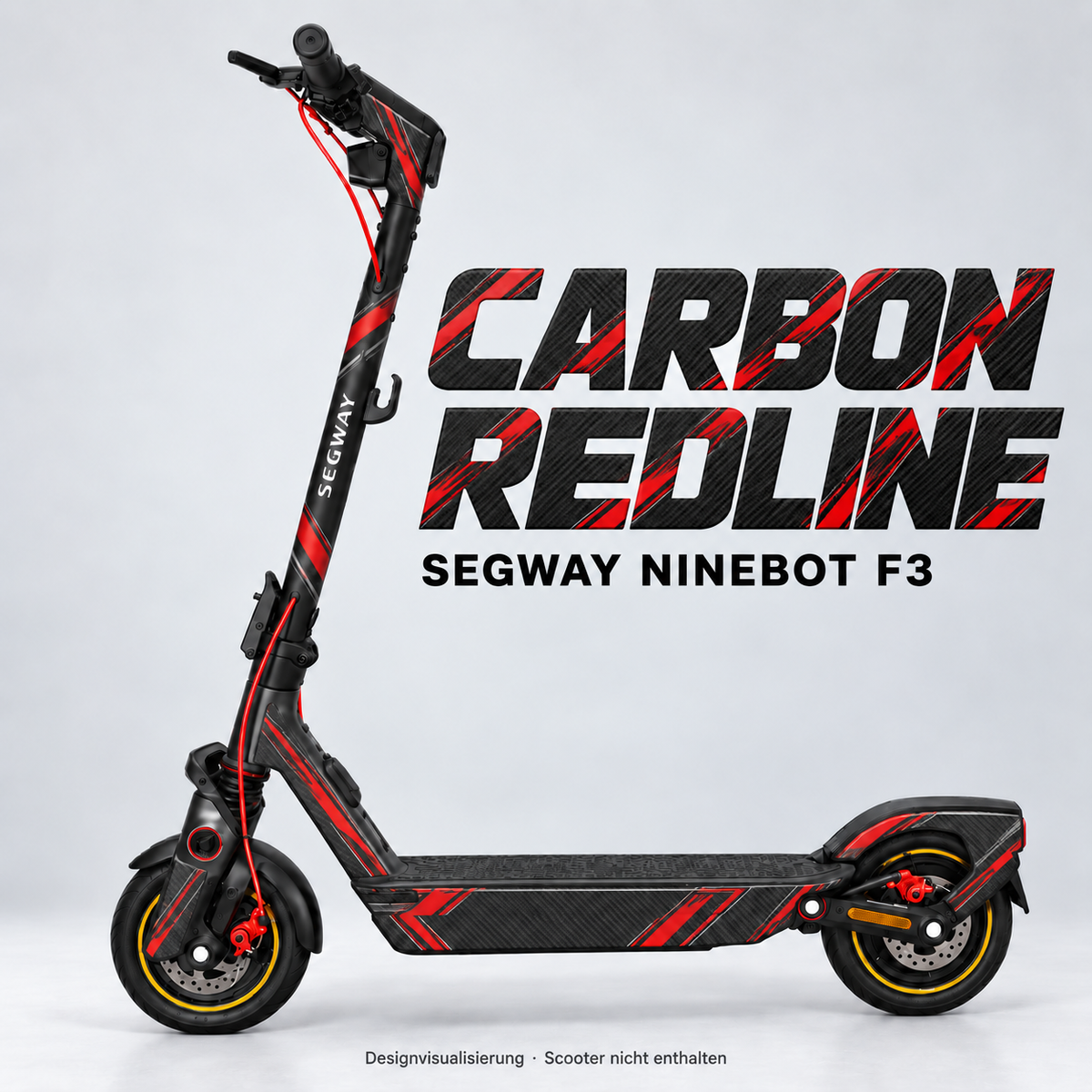SEGWAY NINEBOT F3 SKIN | CARBON REDLINE – Designvisualisierung am passenden Scooter. Scooter nicht enthalten.