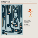EMBER KOI für Segway Ninebot F3: Übersicht der 25 Sticker mit orange-cremefarbenen Koipaaren und Wasserlinien auf Petrol, daneben ein vergrößertes Motivdetail.