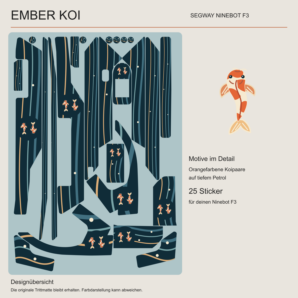 EMBER KOI für Segway Ninebot F3: Übersicht der 25 Sticker mit orange-cremefarbenen Koipaaren und Wasserlinien auf Petrol, daneben ein vergrößertes Motivdetail.