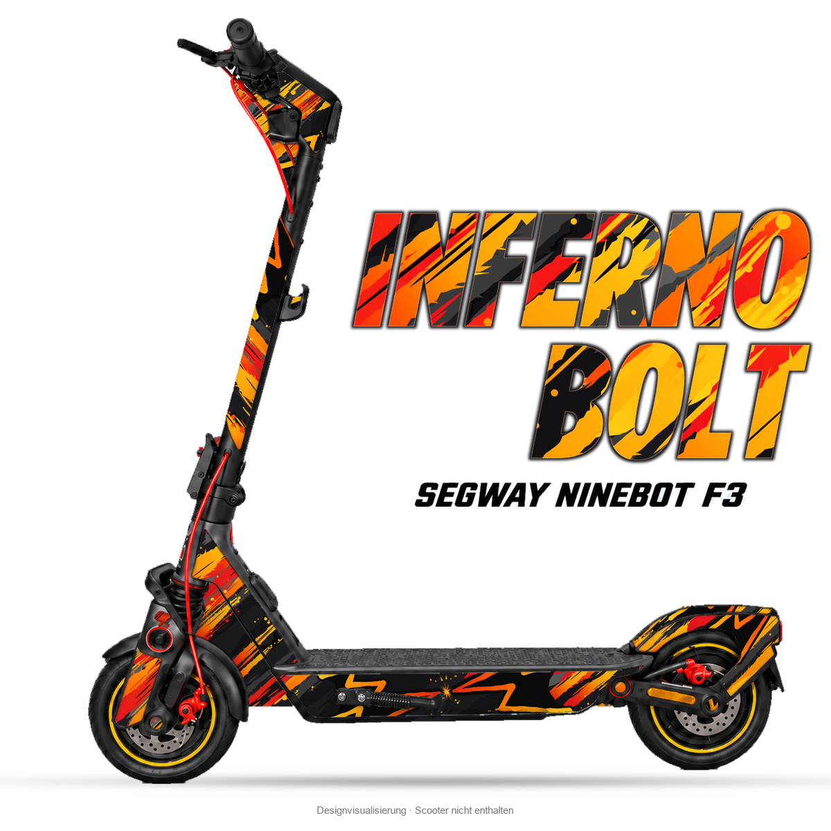 INFERNO BOLT – Designvisualisierung am Segway Ninebot F3. Scooter nicht enthalten.