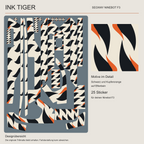 INK TIGER für Segway Ninebot F3: Übersicht der 25 gestalteten Sticker mit schwarzen organischen Streifen und kupferorangen Akzenten auf Elfenbein, daneben ein Motivdetail. Originale Trittmatte nicht enthalten.