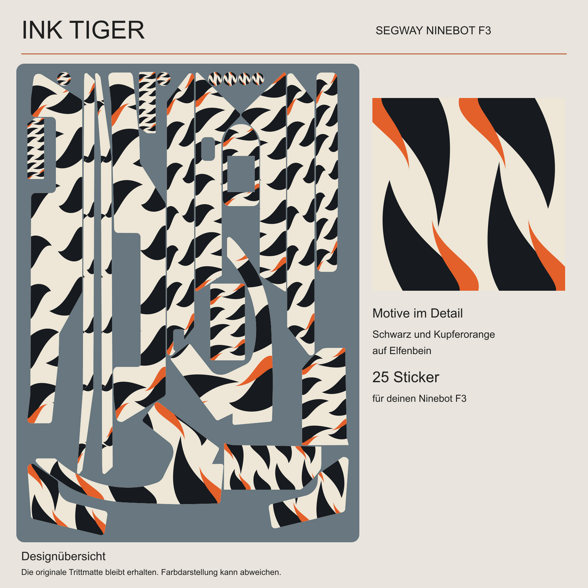 INK TIGER für Segway Ninebot F3: Übersicht der 25 gestalteten Sticker mit schwarzen organischen Streifen und kupferorangen Akzenten auf Elfenbein, daneben ein Motivdetail. Originale Trittmatte nicht enthalten.