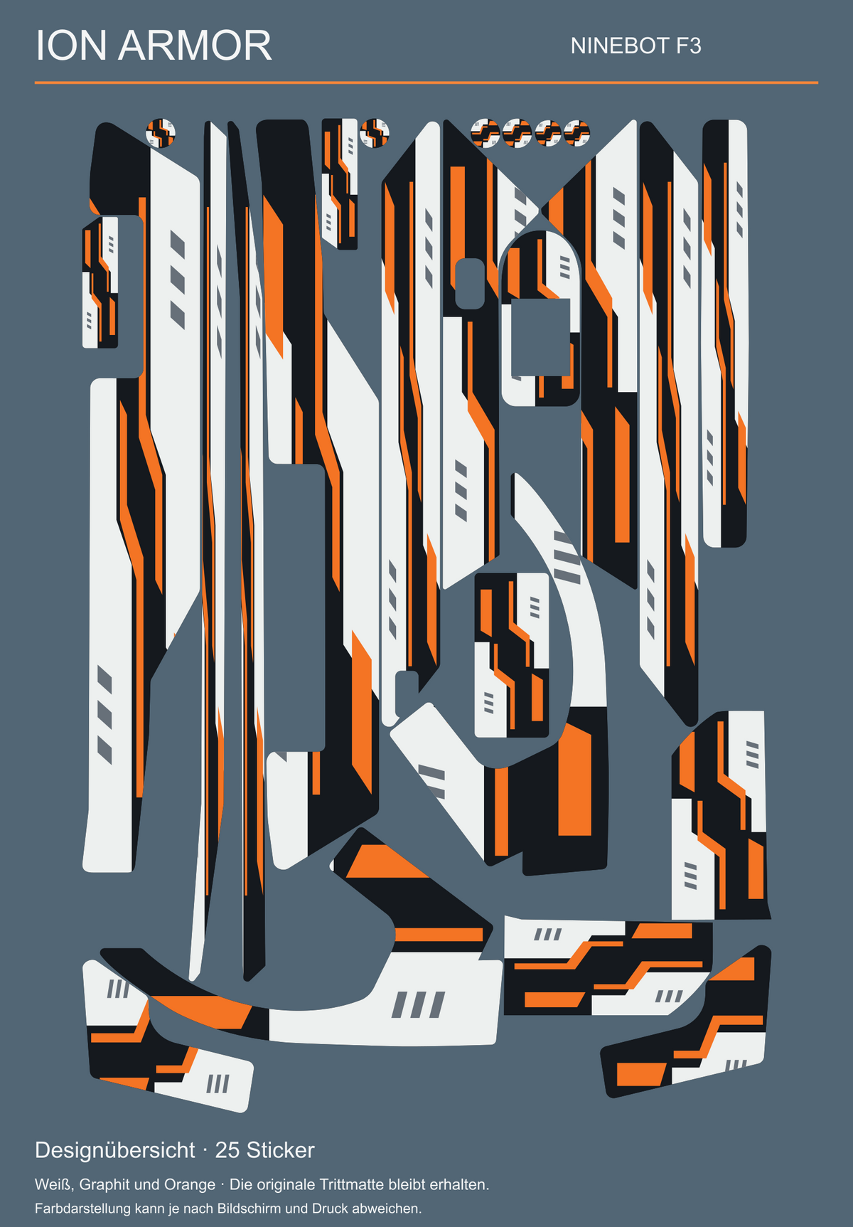 ION ARMOR für Segway Ninebot F3: vollständige Übersicht der 25 Sticker in Weiß, Graphit und Orange; originale Trittmatte bleibt erhalten.