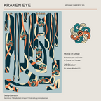 KRAKEN EYE für Segway Ninebot F3: Übersicht der 25 Sticker mit Krakenaugen und geschwungenen Armen in Creme und Koralle auf Petrol, mit vergrößertem Motivdetail.