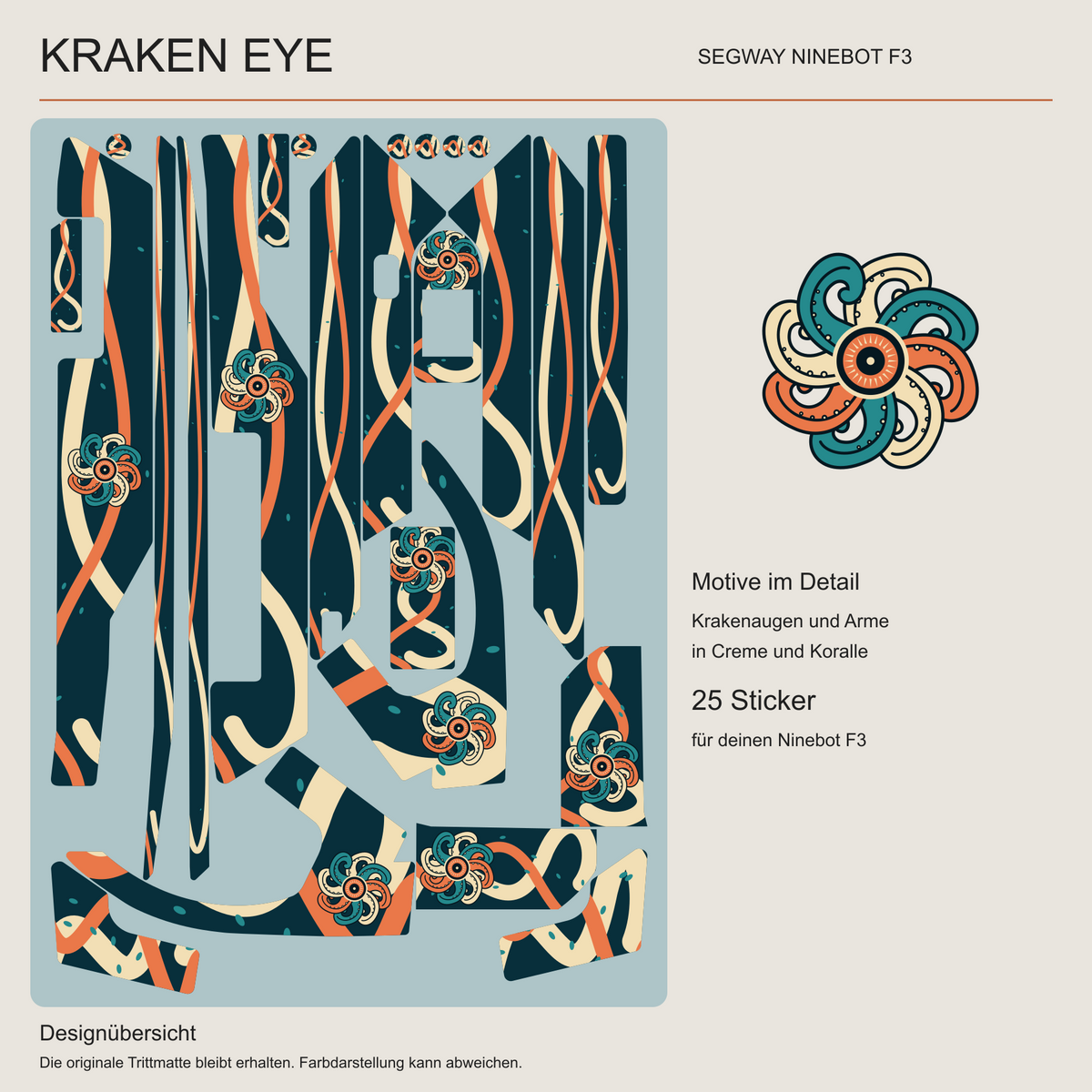 KRAKEN EYE für Segway Ninebot F3: Übersicht der 25 Sticker mit Krakenaugen und geschwungenen Armen in Creme und Koralle auf Petrol, mit vergrößertem Motivdetail.