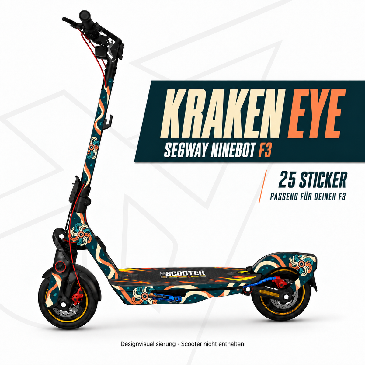 KRAKEN EYE Skin für Segway Ninebot F3 in Petrol, Creme und Koralle mit Krakenaugen und geschwungenen Armen. 25 Sticker; Scooter und Trittmatte nicht enthalten.