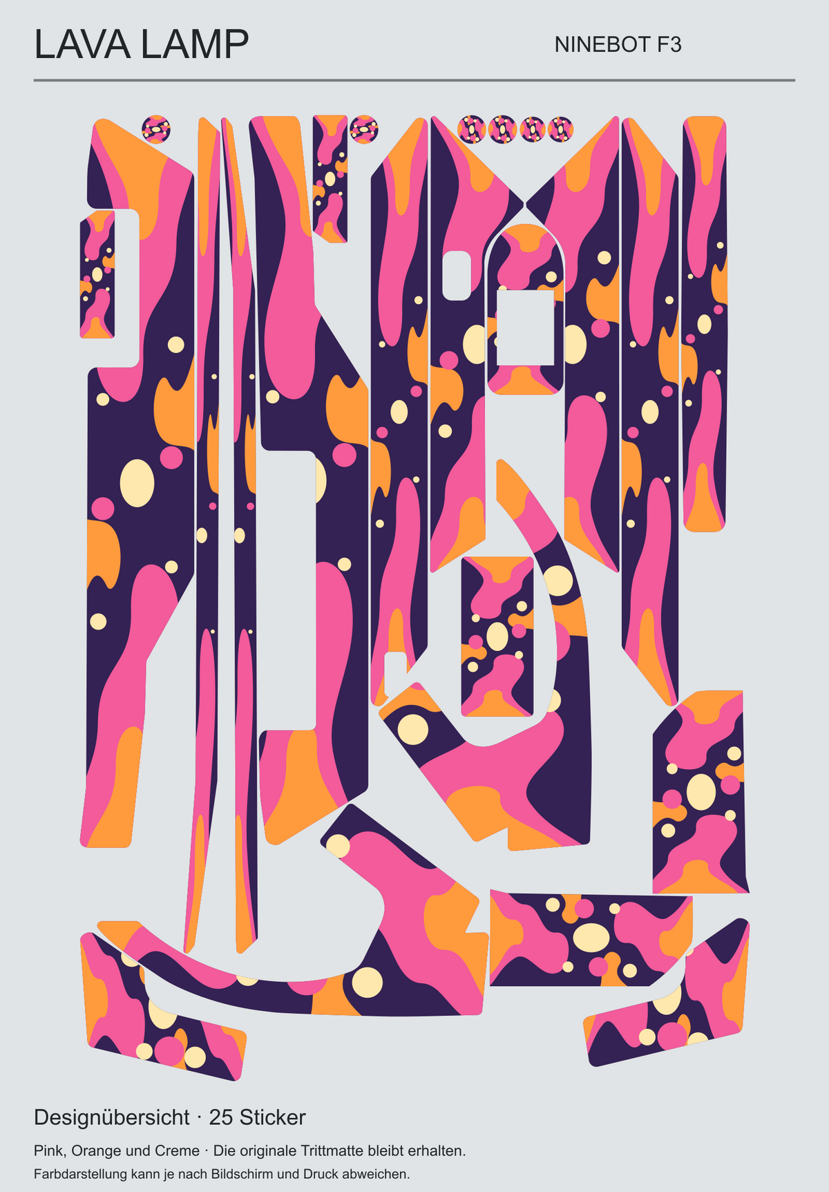 Designübersicht LAVA LAMP für Ninebot F3: alle 25 Sticker in Pink, Orange und Creme auf Aubergine.