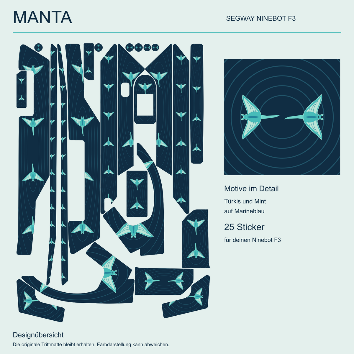 MANTA für Segway Ninebot F3: tatsächliche Gestaltung der 25 Sticker und vergrößertes Motivdetail mit türkisfarbenen Rochen auf Marineblau. Designübersicht ohne Montage- oder Größenmaßstab.