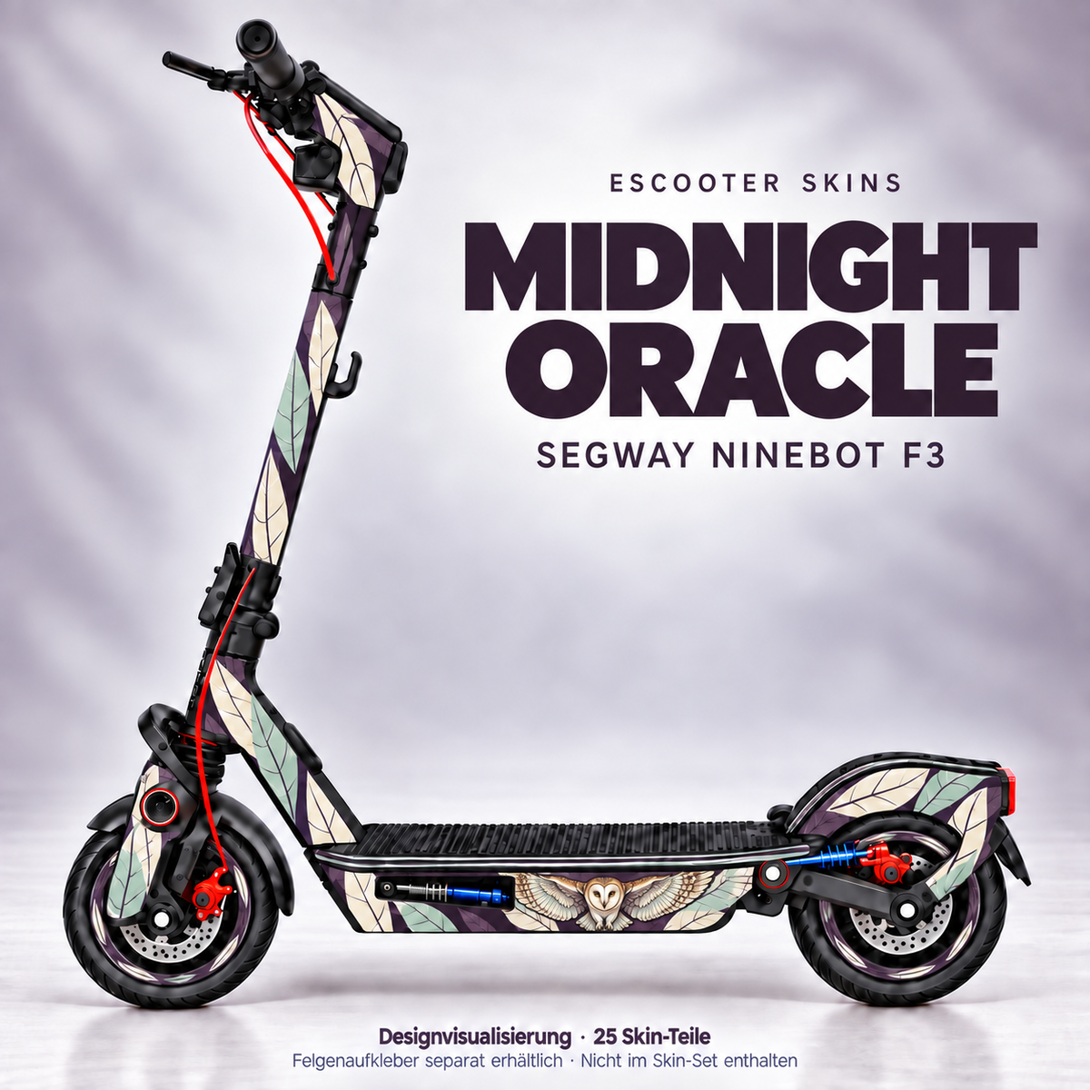 MIDNIGHT ORACLE am vollständigen Ninebot F3 – Eule und Federflächen in Pflaume, Elfenbein und Salbei; Felgen separat erhältlich.