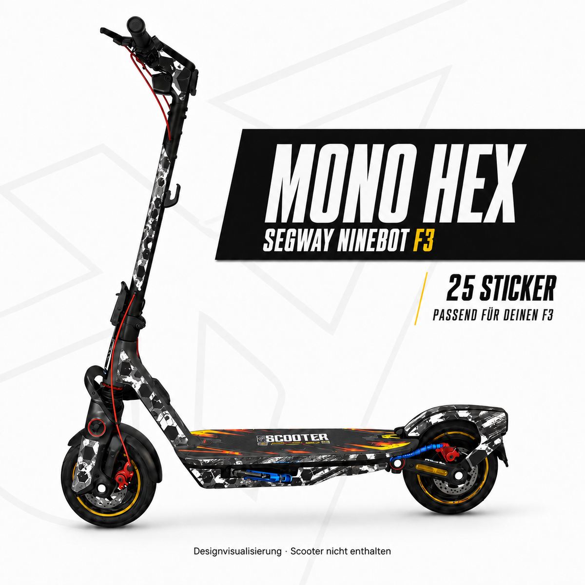 MONO HEX Skin-Design in Schwarz, Weiß und Grau für den Segway Ninebot F3 – 25 Sticker; digitale Designvisualisierung, Scooter nicht enthalten