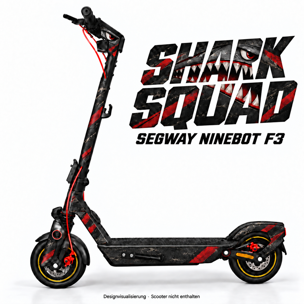 SHARK SQUAD – Designvisualisierung am Segway Ninebot F3. Scooter nicht enthalten.