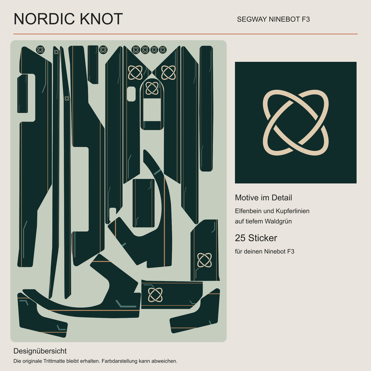 NORDIC KNOT für Segway Ninebot F3: Übersicht der 25 dunkelgrünen Sticker mit elfenbeinfarbenen Knoten und kupferfarbenen Linien, rechts vergrößertes Knotendetail.