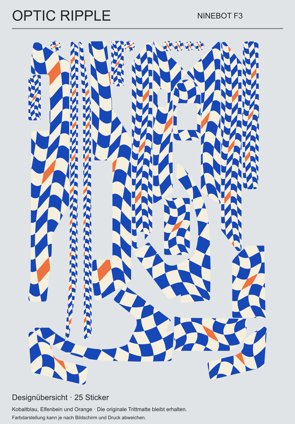 OPTIC RIPPLE für Ninebot F3: Übersicht der 25 tatsächlichen Stickerformen mit geschwungenem Karo in Kobaltblau, Elfenbein und Orange. Trittmatte nicht enthalten.