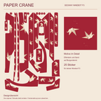 PAPER CRANE für Segway Ninebot F3: Übersicht der 25 gestalteten Sticker und Detail der Origami-Kraniche in Elfenbein und Sand auf Burgunderrot.