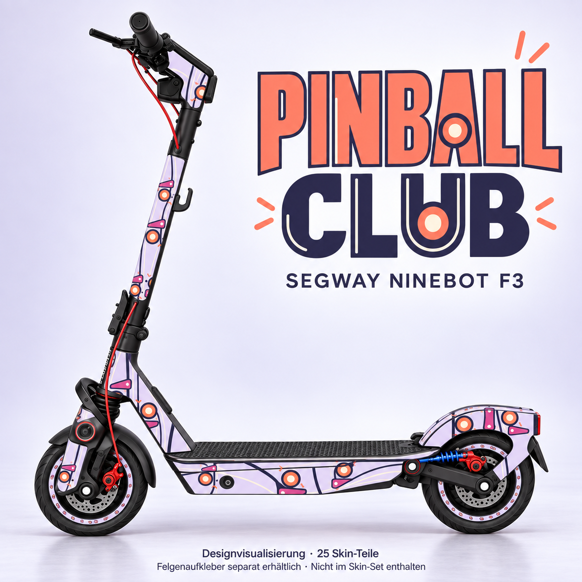 Pinball Club auf Ninebot F3 – Lavendel mit korallfarbenen Bumpern, pinken Flippern und dunklen Bahnen. Originale Trittmatte bleibt; passende Felgen separat.