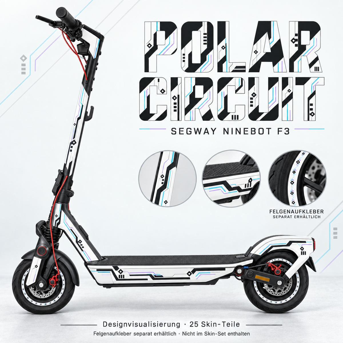 Polar Circuit für Ninebot F3 – weißer technischer Skin mit Graphit, Cyan und Flieder. Felgenaufkleber separat, nicht im Skin enthalten.