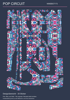 POP CIRCUIT für Ninebot F3: Designübersicht der 25 Sticker mit geometrischen Linien in Pink, Blau, Weiß und Schwarz. Originale Trittmatte bleibt erhalten.