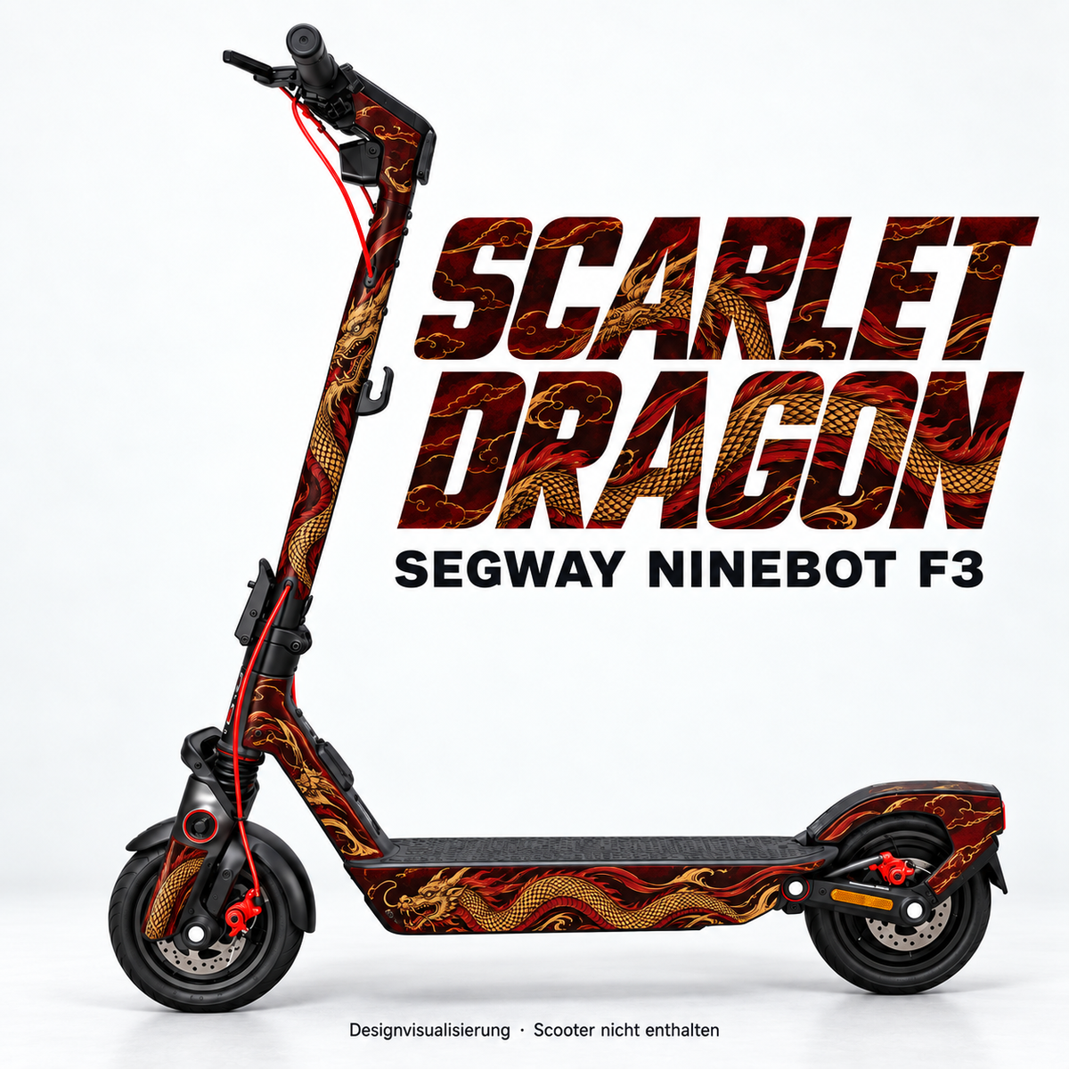 SEGWAY NINEBOT F3 SKIN | SCARLET DRAGON – Designvisualisierung am passenden Scooter. Scooter nicht enthalten.