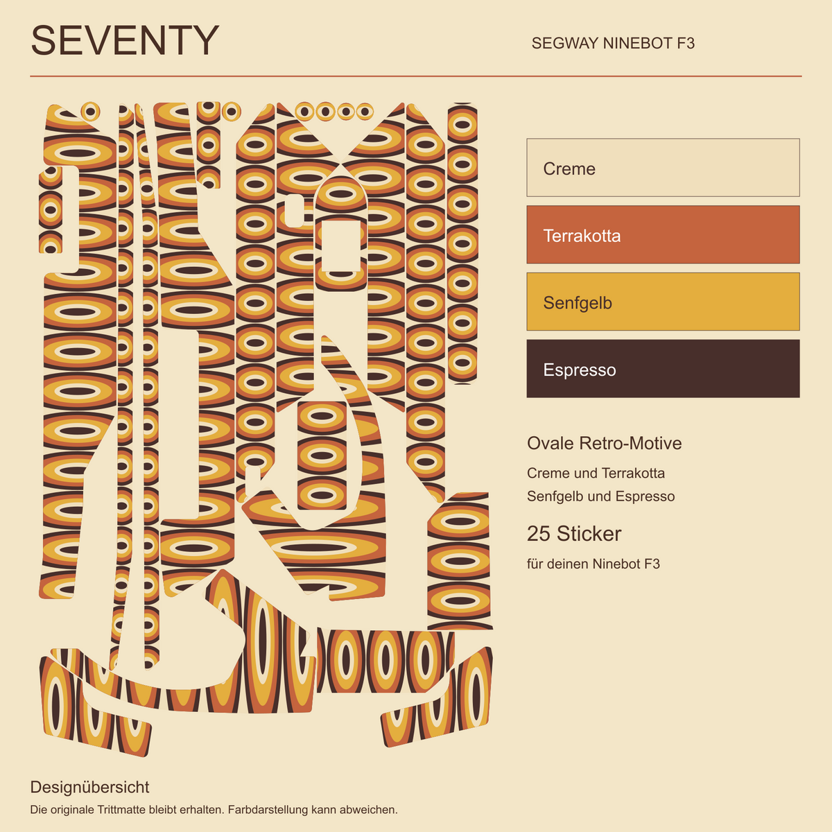 SEVENTY für Segway Ninebot F3: alle 25 gestalteten Sticker mit ovalen Retro-Motiven sowie Farbpalette in Creme, Terrakotta, Senfgelb und Espresso.