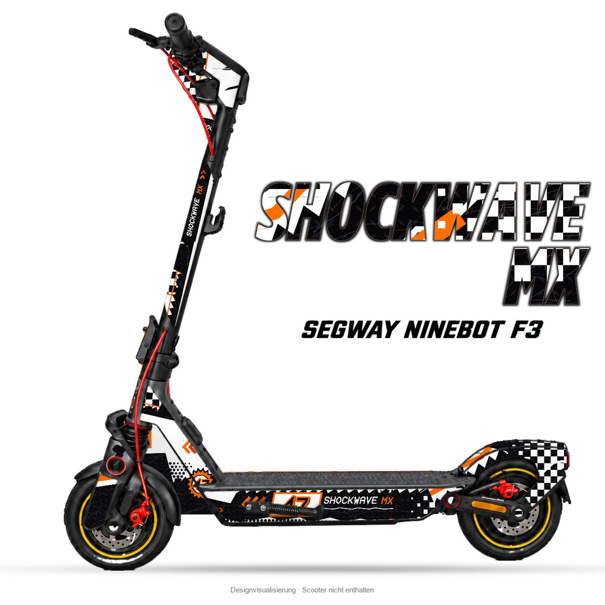 SHOCKWAVE MX – Designvisualisierung am Segway Ninebot F3. Scooter nicht enthalten.