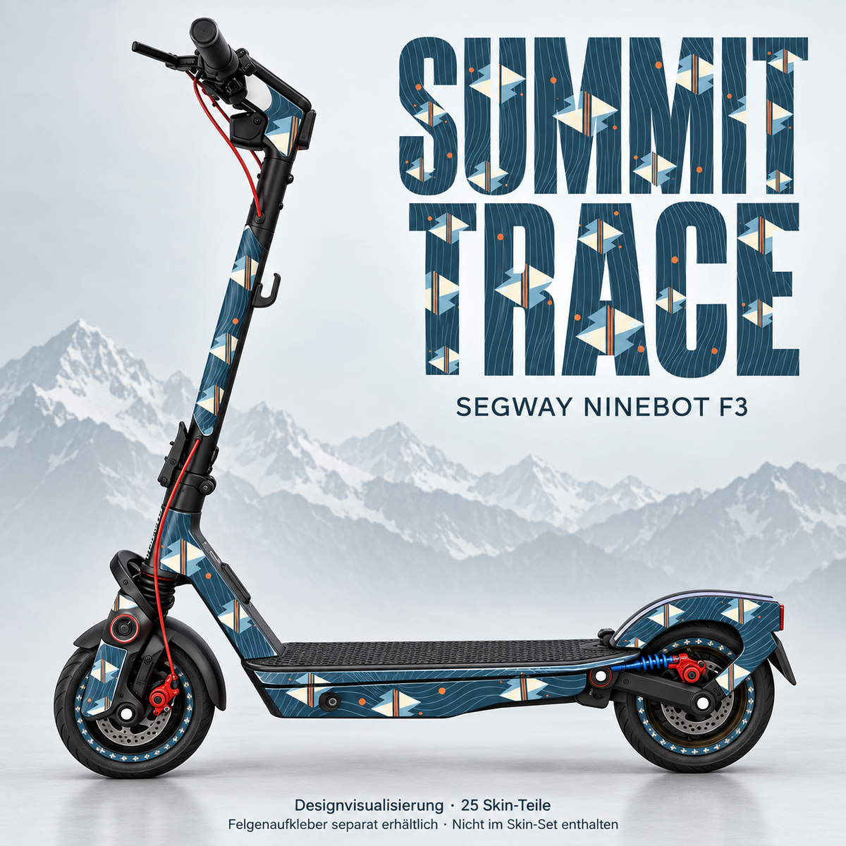 Summit Trace für Ninebot F3 – Bergmotive und Höhenlinien auf Schieferblau. Felgenaufkleber separat, nicht im Skin-Set enthalten.