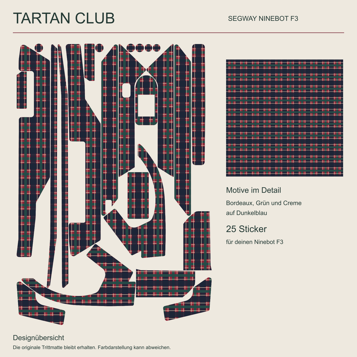 TARTAN CLUB für Segway Ninebot F3: alle 25 gestalteten Sticker und das Karomotiv in Dunkelblau, Bordeaux, Waldgrün und Creme. Originale Trittmatte nicht enthalten.